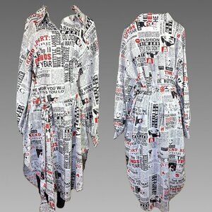 FTF +4X Fashion Newspaper Print Button Collar Belt Long Sleeve Hi-Low Midi Dress